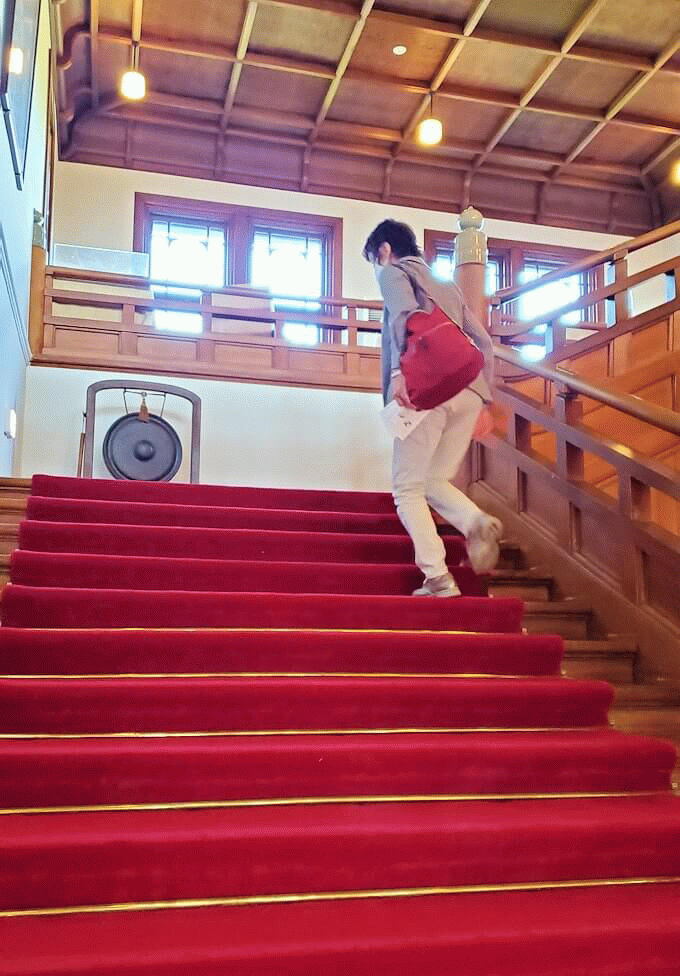 奈良ホテルの階段を登る