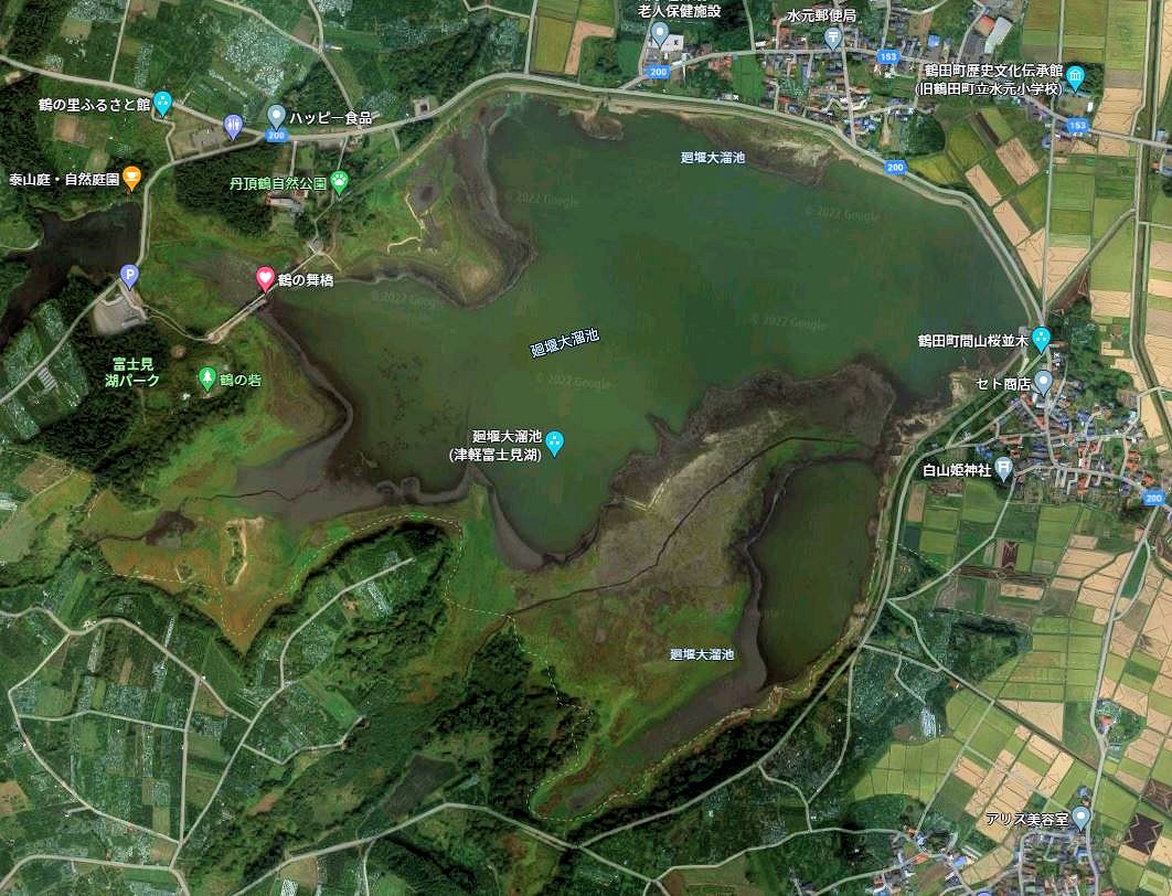 廻堰大溜池(津軽富士見湖)の上空--Googleマップより