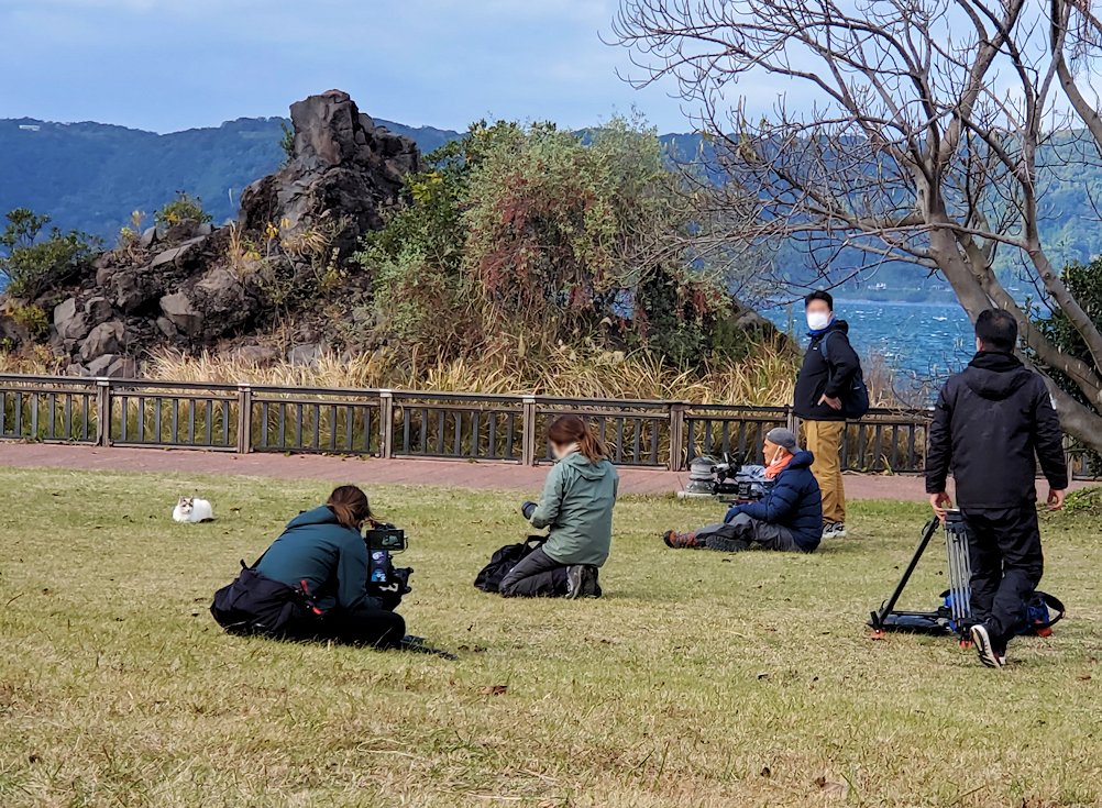 鹿児島 　桜島溶岩なぎさ公園　足湯コーナー近くで猫を撮影していた岩合光昭とスタッフ