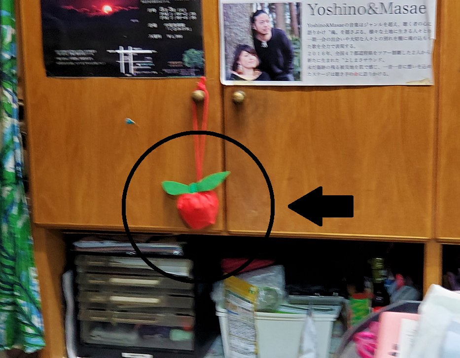 桜島　黒神　「椿の里(椿チャンポン)」　店内に飾られていたリンゴ型のエコバッグ