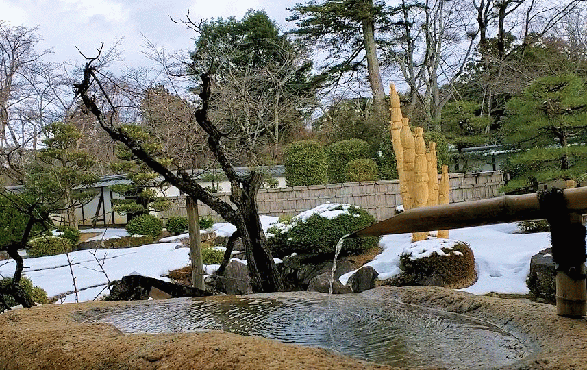 彦根城博物館 　奥の木造棟の庭　水が流れる
