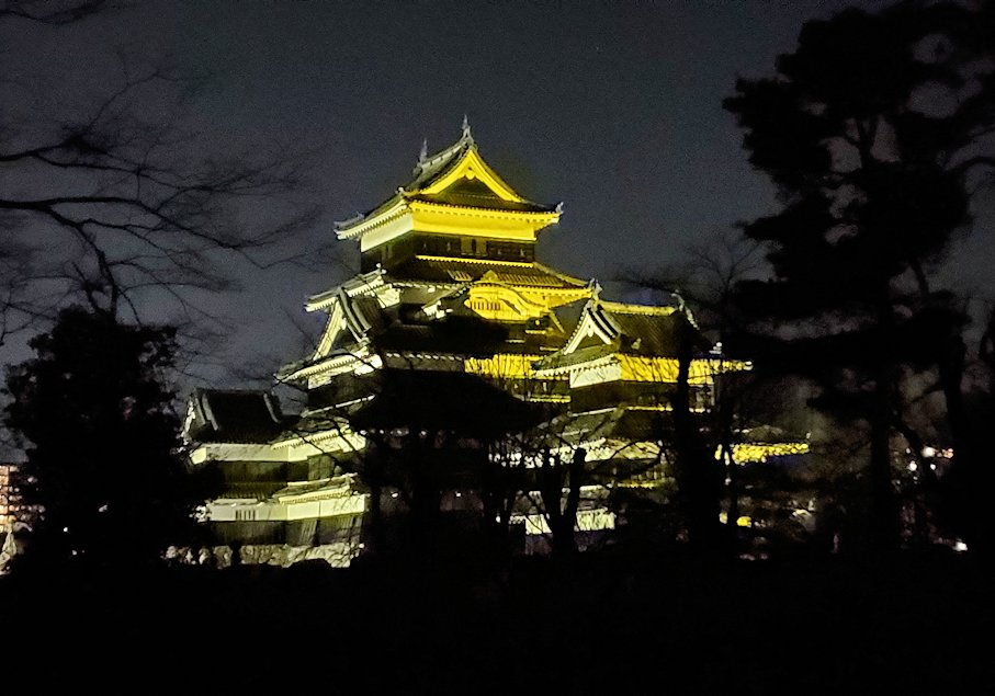 夜の松本城　ライトアップ天守　三の丸跡から眺める