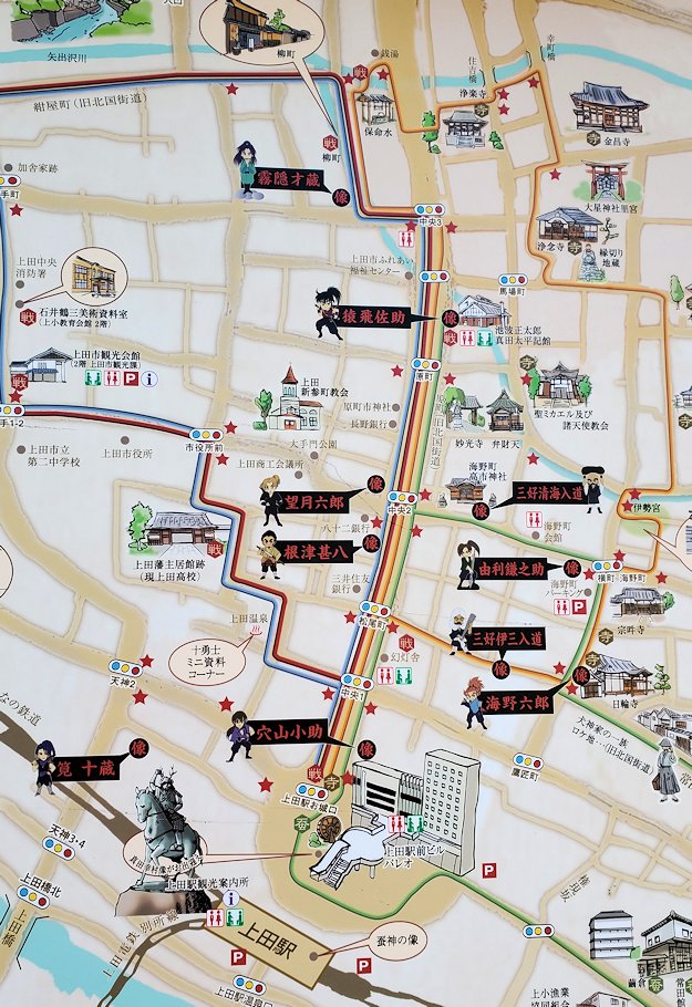長野県上田市　通りに設置されている”真田十勇士”の像が載っているマップ
