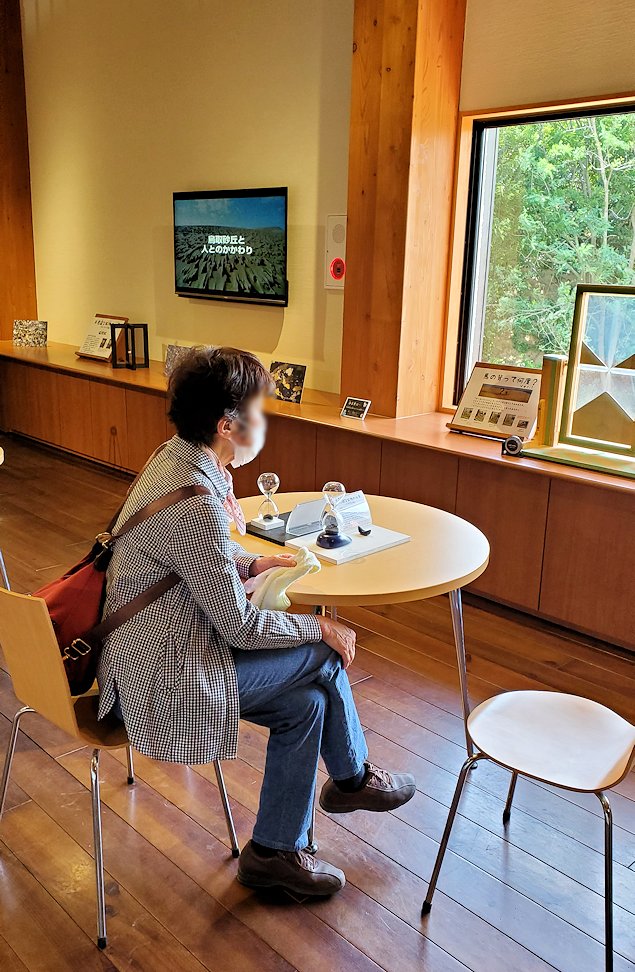 鳥取砂丘　「鳥取砂丘ビジターセンター」　展示資料　椅子に座って休憩しているオカン
