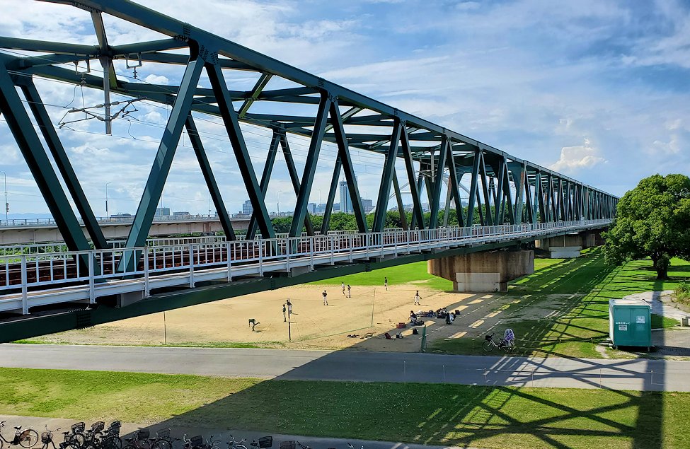 淀川に架る阪急千里線線の橋　景色