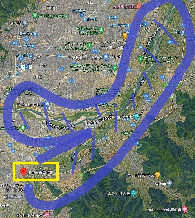 千曲川沿いの川中島を示す地図--Googleマップより