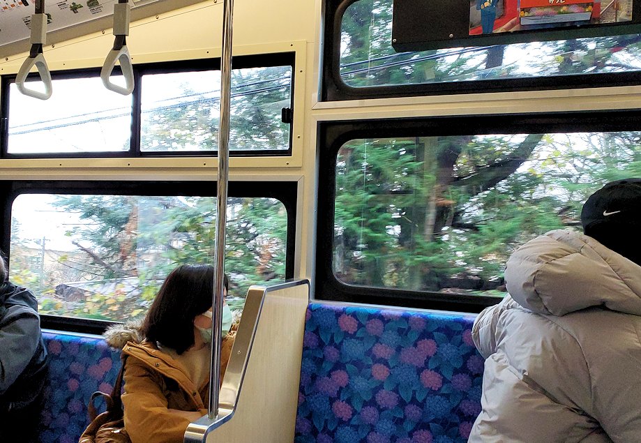 箱根登山電車　ケーブルカー車内　景色を楽しむ観光客