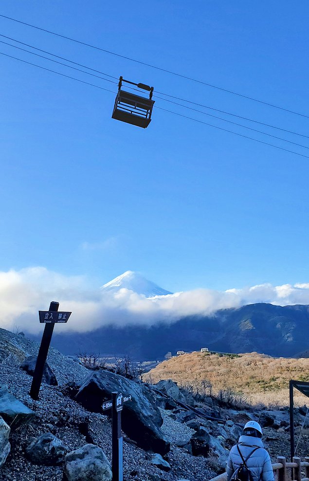 箱根　大涌谷　「自然研究路場」　滑車で運ばれる卵　富士山　景色