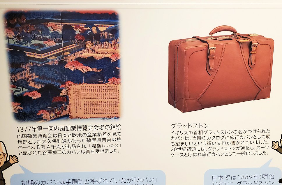 東京台東区　世界のカバン博物館　鞄の歴史説明パネル「1877の内国博覧会の錦絵」