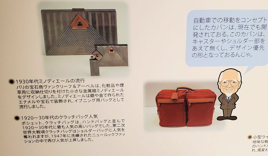東京台東区　世界のカバン博物館　鞄の歴史説明パネル「1930年代の流行りのカバン」