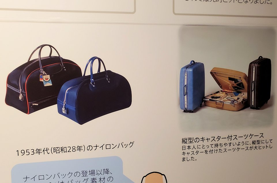東京台東区　世界のカバン博物館　鞄の歴史説明パネル「ナイロンバッグ」
