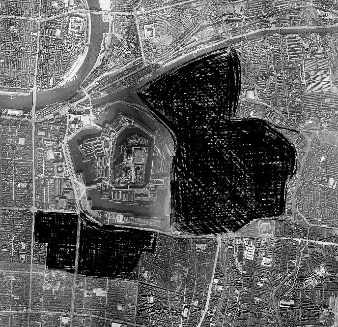 「1936～42年頃のOBP周辺：航空写真」---地理院地図より加工済