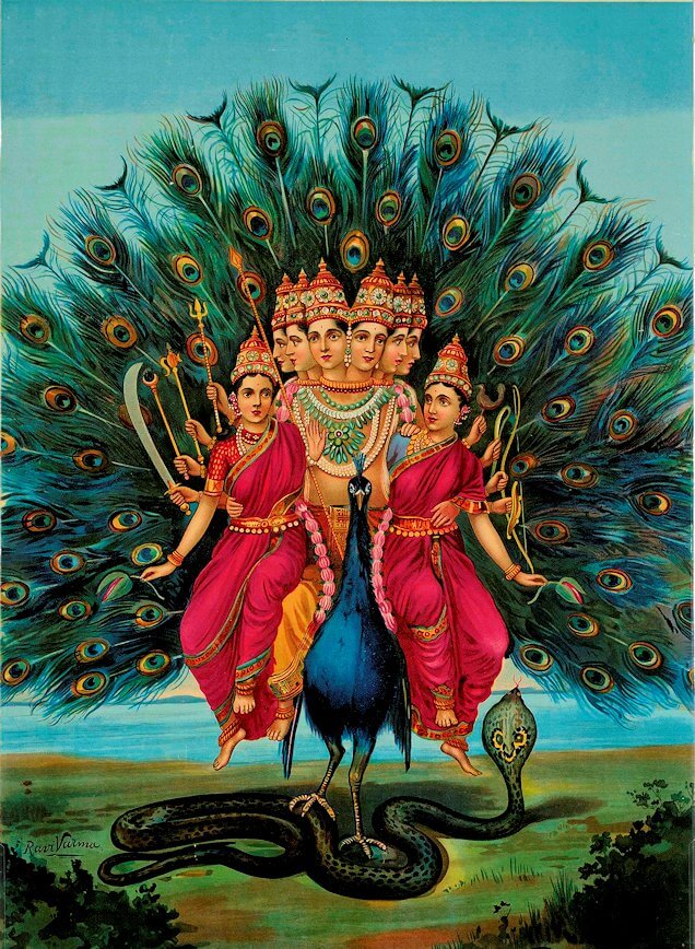 『孔雀に跨る、ヒンドゥー教の軍神スカンダとその妻達』(「クジャク」Wikipediaより引用)